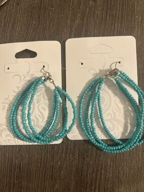 Turquoise Beaded Multi-Strand Hoop Earrings - Women Jewelry